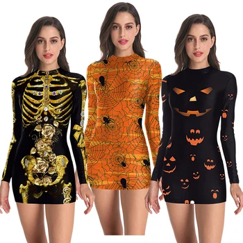 Guld Skelet Halloween Cosplay Kjoler Kvinder Skræmmende Kostume Uhyggelig Fancy Kjole Dag Døde Mor Horror Karneval C32C73