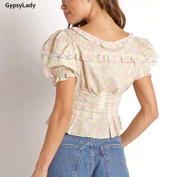GypsyLady Blomster Trykt Slank Bluse Shirt Puff Ærmer Vintage Sommer-V-neck Sexy Kvinder Bluse med Flæser Ferie Kvindelige Damer Top