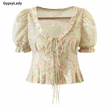 GypsyLady Blomster Trykt Slank Bluse Shirt Puff Ærmer Vintage Sommer-V-neck Sexy Kvinder Bluse med Flæser Ferie Kvindelige Damer Top