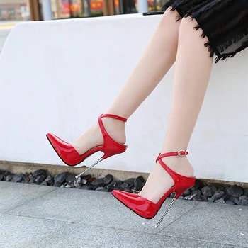 Tilbud Høje hæle sexede modeller catwalk høje hæle metal stiletter super høj heels16cm fashion størrelse 43 44 hæle kvinder spænde remmen \ Kvinders Sko >
