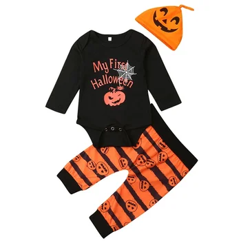 Halloween Baby Tøj Foråret Efteråret Drenge Piger Med Lange Ærmer Græskar Kostumer Print Romper Toppe, Bukser, Hat Outfits Sæt