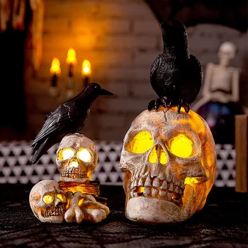 Halloween Dekoration Krage Kraniet Skelet, LED Candle Light Horror Kraniet Ornament Haunted House Party Dekorative Lys Figur