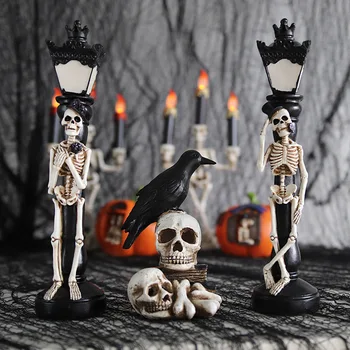 Halloween Dekoration Krage Kraniet Skelet, LED Candle Light Horror Kraniet Ornament Haunted House Party Dekorative Lys Figur