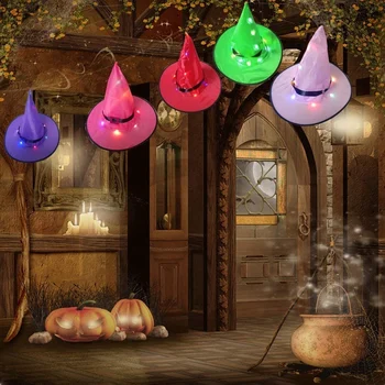 Halloween Dekorationer Heks Hat Udendørs 6stk Hængende Tændte Lysende Heks Hat Indretning Halloween Lys String Batteri
