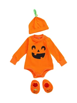 Halloween Passer til 3stk barns Orange O-Hals Lange Ærmer Rompers + Græskar Ghost Slip-On Sko + Hat til Baby, Dreng, Pige 0-18M