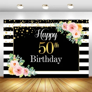 Happy 50th Birthday Baggrund Akvarel Blomster Sort Hvide Striber Fotografering Baggrund Custom Vinyl Halvtreds års Fødselsdag Banner