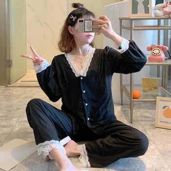 Harajpee Hjem Tøj Japanske Prinsesse Stil Blonde Kant Pyjamas Fe Forår, Efterår, Vinter Bomuld Langærmet Cardigan Fashion