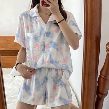 Harajpee Kvinder Pyjamas 2021 Sommeren Koreanske Simpel Afslappet Temperament Løs Ins Mori Girl Style Tie Dye Korte Ærmer Homewear Passer Til