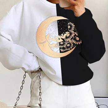 Harajuku Crewneck Sweatshirt Kvinder Efteråret Sort Hvid Patchwork Månen Print Oversize Sweatshirts Casual Løs Pullover Sudaderas