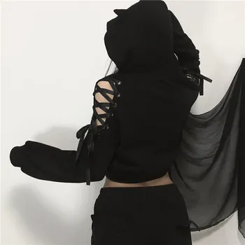 Harajuku Gotiske Kort Sweatshirt Kvinder Punk, Gothic Hætteklædte Efterår Og Vinter Hule Ud Lace Up Langærmet Sød Kat Øre Hættetrøjer