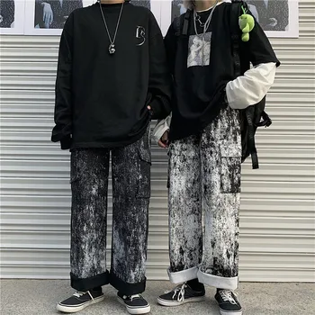 Harajuku hip hop stil lommer, gylp løse joggingbukser print straight høj talje bukser dametøj Capris fuld længde
