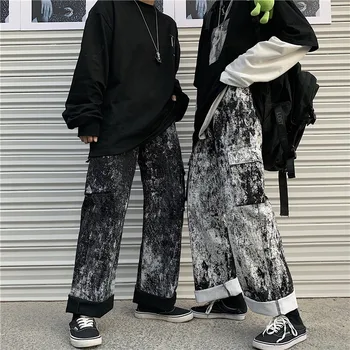 Harajuku hip hop stil lommer, gylp løse joggingbukser print straight høj talje bukser dametøj Capris fuld længde