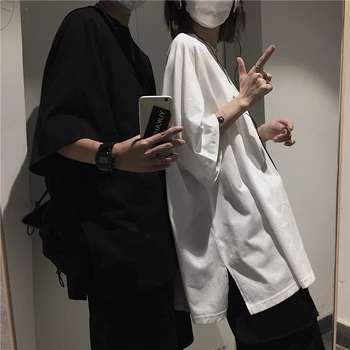 Harajuku Side Slids Overdimensionerede Unisex T-Shirt Med Korte Halv Ærme Sommeren Mænd Kvinde Punk Tøj 2021 Bomuld Løs Par Toppe