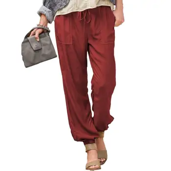 Harem Bukser, ensfarvet Snor Kvinder Lommer Ankel Bundet Bukser til Dating