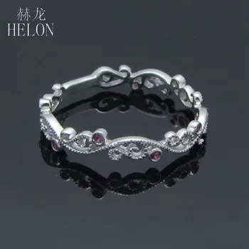 HELON Massivt 14K White Gold Naturlige Ruby Engagement Ring Gemstone Band Kvinder i Art Deco-stil Retro Antikke Smykker Milgrain