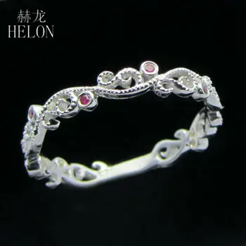 HELON Massivt 14K White Gold Naturlige Ruby Engagement Ring Gemstone Band Kvinder i Art Deco-stil Retro Antikke Smykker Milgrain