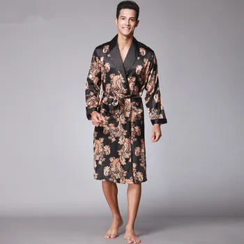 Herre Sommeren Paisley Print Silke Klæder Mandlige Senior Satin Nattøj, Pyjamas Lange Kimonoer Slåbrok Badeværelse For Manden