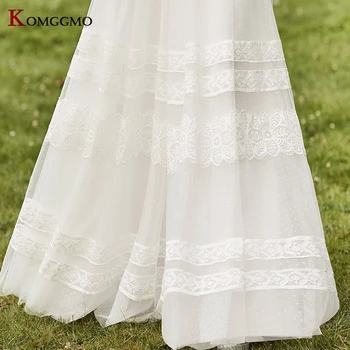 High-End Custom Made Tre Kvart Ærmer V-Hals Brude Kjole Elegant Ryg Feje Tog Blonde Pynt A-Line Wedding Dress