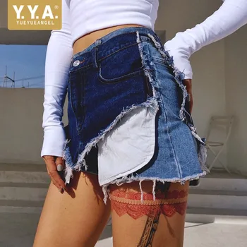 High Street Kvinder Falske To-Delt Splejset Korte Jeans Med Høj Talje, Lomme Tessels Denim Shorts Casual Løs Pasform Hot Shorts