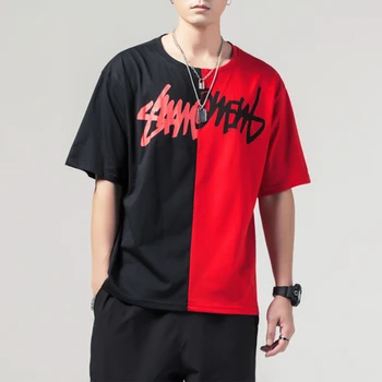 Hip Hop Patchwork T-Shirt Mænd 2021 Sommeren Oversize T-Shirts Harajuku Patchwork Casual Streetwear Korte Ærmer Rød