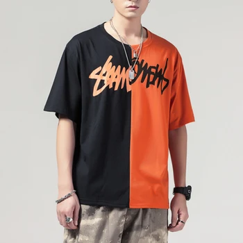 Hip Hop Patchwork T-Shirt Mænd 2021 Sommeren Oversize T-Shirts Harajuku Patchwork Casual Streetwear Korte Ærmer Rød