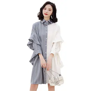 Hit Farver Kjole Kvindelige 2020 Foråret Nye koreanske Løs Høj Talje snøre Syning Falske To-delt Sæt Kvinder Shirt Kjole pR364