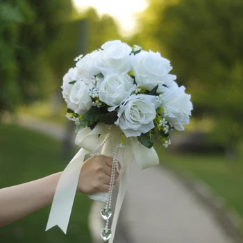 Holde Blomster Kunstige Naturlige Bryllup Buket med Silke Satin Bånd Pink Hvid Champagne Brudepige Brude Fest