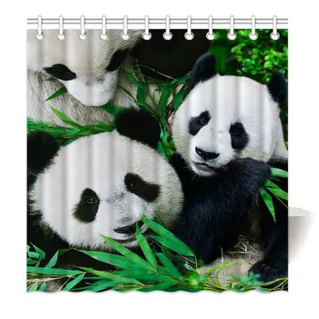 HommomH Badeforhæng Vægte Resistente Vandtæt Stof Med Kroge, Badeværelse Søde Panda Familie Bambus Skov Grøn
