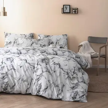Hommomh marmor strøelse sæt, sort og hvid mønstret print, blød microfiber sengetøj (3 stykker, ekstra stort)