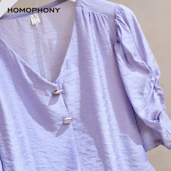 HOMOPHONY Kvinder Bluse Homewear Casual Korte Ærmer Solidt Plus Size Shirts Sommeren Damer Elegant V-Neck Tops og Bluse blusas