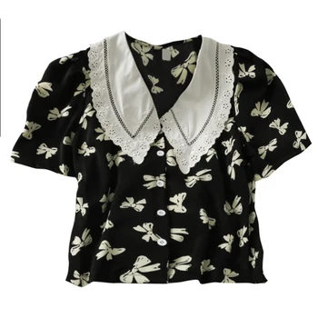 Hong Kong style retro kontrast syninger hule peter pan krave skjorte kvinder bue print top