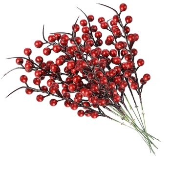 Hot 20PCS Kunstige Røde Bær Falske Blomster, Frugter, Bær Stammer Håndværk Buket Blomster til Bryllup Christmas Tree Dekoration