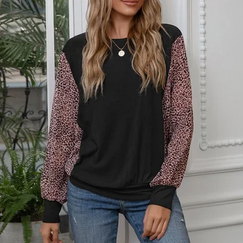 Hot kf-Kvinder Casual Løs Leopard Print Syning Rund Hals Langærmet T-Shirt Top Løs Mode Pullover
