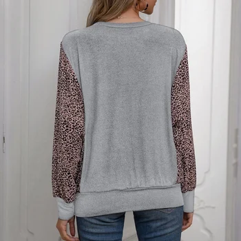 Hot kf-Kvinder Casual Løs Leopard Print Syning Rund Hals Langærmet T-Shirt Top Løs Mode Pullover