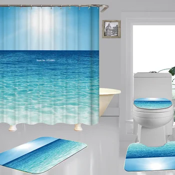 Hot Sælger Strand Landskab Mønster Digital Udskrivning badeforhæng skridsikker bademåtte Toilet Mat Badeværelse 4-delt Sæt
