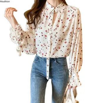 Houthion Silke Ny koreansk Stil Printet Bluse til Kvinder Bluser Langærmet Top Large Size Fashion, Afslappet Silke Skjorte