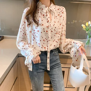 Houthion Silke Ny koreansk Stil Printet Bluse til Kvinder Bluser Langærmet Top Large Size Fashion, Afslappet Silke Skjorte