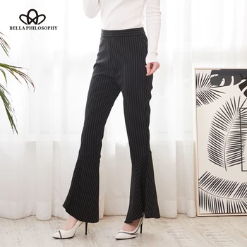 HStar 2020 foråret kvinder ankel længde bukser med høj talje damer fladskærms casual bukser, lynlås kvindelige stribet flare pants