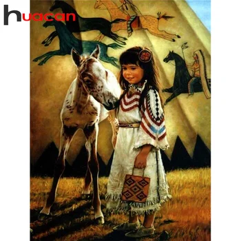Huacan 5d DIY Diamant Maleri Fuld Square/Runde Girl Horse Diamant Sæt Til Broderi på Tværs af Mosaik Portræt Rhinestone Billede