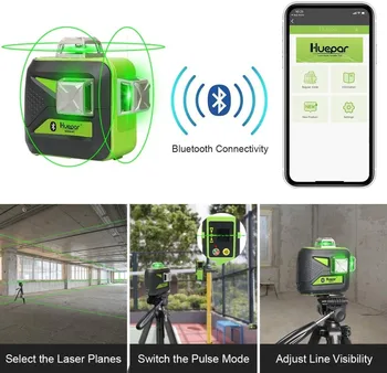 Huepar 3x360 Grøn Stråle 3D Laser-Niveau med en Bluetooth-Forbindelse på Tværs af Linjer Tre-Fly Selv-Nivellering Værktøjer & Hård bæretaske