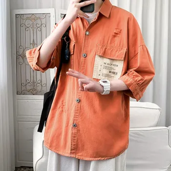 Hul Solid Farve Værktøjsholder-Shirt Mænd koreansk Mode Løs Casual Skjorte Mænd Harajuku Streetwear Retro Kort-langærmet Shirt til Mænd