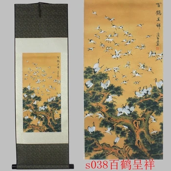 Hundrede Kran Chengxiang Mønster Silkemaleri Dekoration Rulle