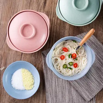 Hvede Halm Instant Nudler Skål Suppe Mad Beholder Med Låg Genanvendelige Service Salat Ris Skål Porcelæn Sunde Køkken