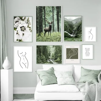 Hvid Blomst Grøn Art Skov Hjort, Karakter Væg Kunst, Lærred Maleri Nordiske Plakater Og Prints Væg Billeder For At Stue Indretning
