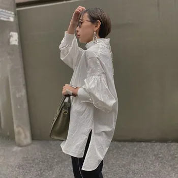 Hvid Bluse Shirt Koreanske 2021 Sommer Forår Lanterne Langærmet Top Kontor Damer Koreansk Stil Oversize Bluse Med Høj Hals Femme