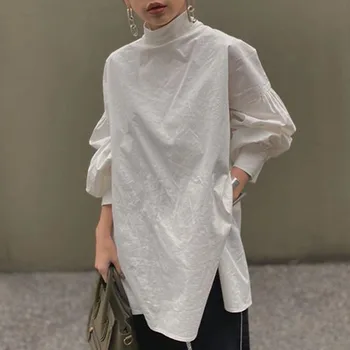 Hvid Bluse Shirt Koreanske 2021 Sommer Forår Lanterne Langærmet Top Kontor Damer Koreansk Stil Oversize Bluse Med Høj Hals Femme