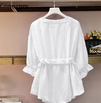 Hvid Skjorte Kvinder, Forår, Sommer Farve Chiffon Bluser Koreansk Modetøj V Hals Uafgjort Toppe Afslappet Plus Size Top Blusas