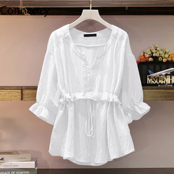 Hvid Skjorte Kvinder, Forår, Sommer Farve Chiffon Bluser Koreansk Modetøj V Hals Uafgjort Toppe Afslappet Plus Size Top Blusas