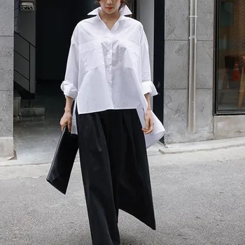 Hvid Skjorte Kvinder Foråret Efteråret Uregelmæssige Revers Langærmet Bluse Mode Løse Toppe Afslappet Tilbage Lange Skjorter Bluser Femme