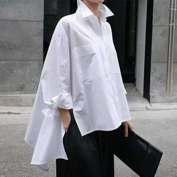 Hvid Skjorte Kvinder Foråret Efteråret Uregelmæssige Revers Langærmet Bluse Mode Løse Toppe Afslappet Tilbage Lange Skjorter Bluser Femme